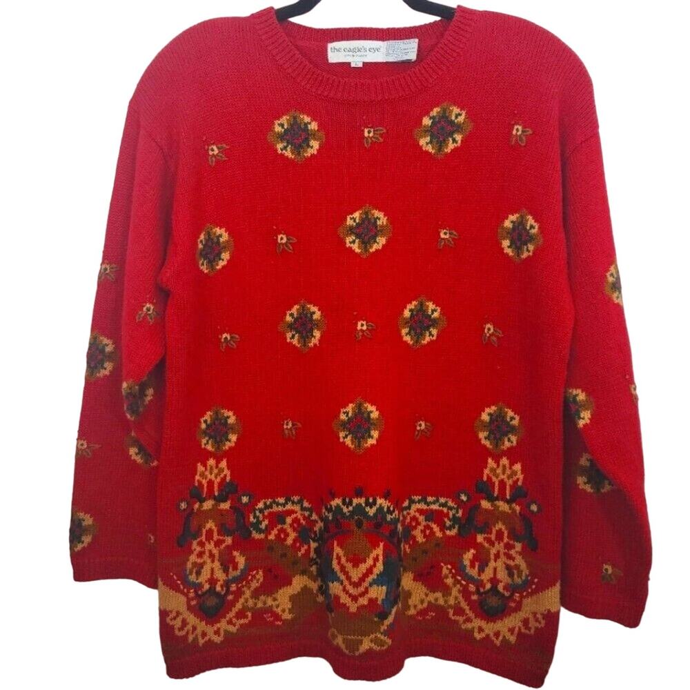 Vintage The Eagle's Eye Womens Large Red Boho Bohemian Knit Pullover Sweater
